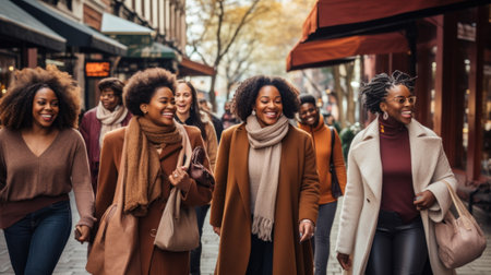 Multiracial group of friends walking down the city street. Mid age women walking outdoors on road having fun.の素材