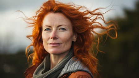 Portrait of smiling red hair, ginger 45 yo mid age woman outdoors.の素材