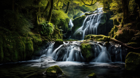 Jungle waterfall cascade in tropical rainforest with rock and turquoise blue pondの素材