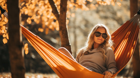 a happy woman is resting in a hammock with her eyes closed and her hands behind her head smiling happily enjoying the dayの素材