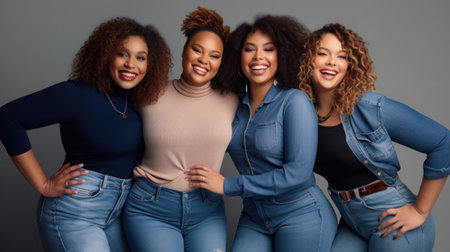 Group of females having fun posing against brown background.の素材