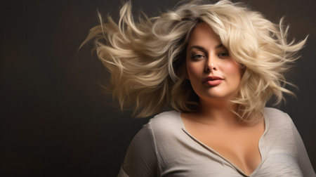 portrait of beautiful plus size curly young blond woman posing on grayの素材