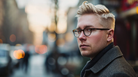 Portrait of smiling blond Scandinavian businessman in city downtown.の素材