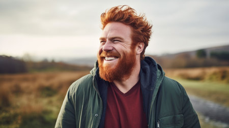 closeup portrait red haired man with beard in park outdoor. pensive attractive redhead ginger guy with on natural backgroundの素材
