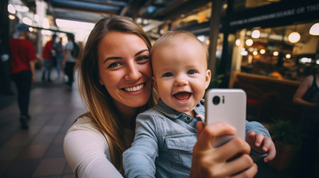 Pretty young mother and her cute daughter having fun and take selfies. Little girl surprised looking in phone and smile on the sunny city background. Stylish family, true emotion, good moon.の素材