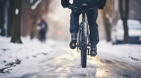 Midsection of mountain biker riding in snow outdoors in winterの素材