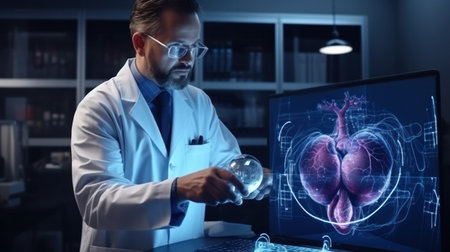 Cardiologist doctor examine patient heart functions and blood vessel on virtual interface. Medical technology and healthcare treatment to diagnose heart disorder and disease of cardiovascular system.の素材