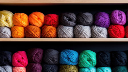 Knitting needles, colorful threads. Selection of colorful yarn wool on shopfront. Knitting background, a lot of balls. Knitting yarn for handmade winter clothesの素材