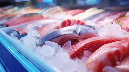 Fresh chilled trout fish and trout fillet at seafood supermarket stall. Selective focusの素材
