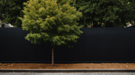 Green tree with black steel fence of residential house modern style on background.の素材