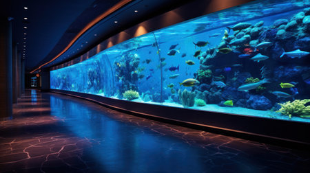 Interior of Sea Life Aquarium. Big fish tank wall.の素材