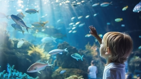 Little boy, kid watching the shoal of fish swimming in oceanarium, children enjoying underwater life in Aquariumの素材