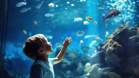 Little boy, kid watching the shoal of fish swimming in oceanarium, children enjoying underwater life in Aquariumの素材