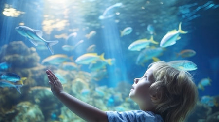 Little boy, kid watching the shoal of fish swimming in oceanarium, children enjoying underwater life in Aquariumの素材