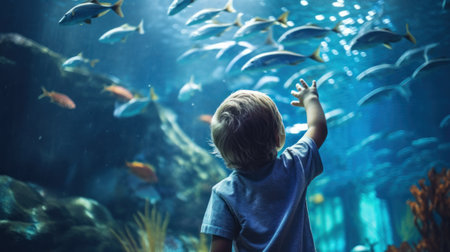 Little boy, kid watching the shoal of fish swimming in oceanarium, children enjoying underwater life in Aquariumの素材