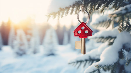 Model House and Key on Background of Christmas Tree - Christmas Wishes Concept.の素材