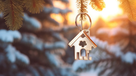 Model House and Key on Background of Christmas Tree - Christmas Wishes Concept.の素材