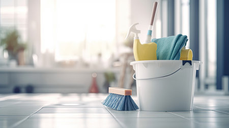Bucket with different cleaning supplies on floor indoors.の素材