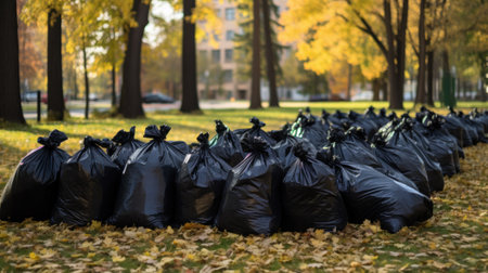 Black plastic bags full of autumn leaves. Large black plastic trash sacks with fallen dried leaves stand on the grass. Seasonal cleaning of city streets from fallen leaves. Cleaning service.の素材