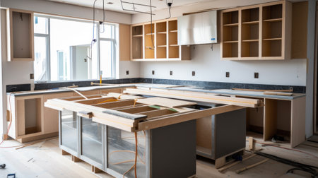 Assembly of kitchen furniture during kitchen remodeling in new home.の素材