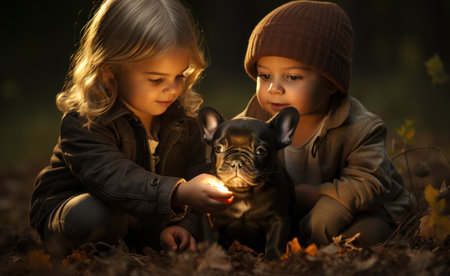 Young kids playing with his dog, french bulldog, in the garden.の素材
