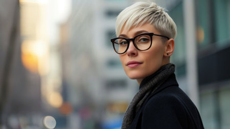 Close-up female serious face headshot portrait outdoors caucasian middle aged business woman boss blonde short haired lady wears formal shirt unhappy calm looking at camera standing posing on streetの素材