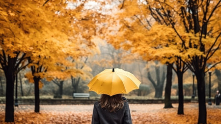 Unrecognizable woman with a yellow umbrella backwards walking at street in autumn.の素材