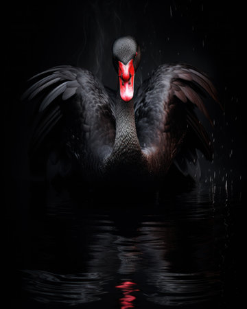Black swan on black background (Cygnus atratus). Beautiful west australian black swan.の素材