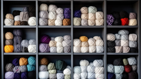 Knitting needles, colorful threads. Selection of colorful yarn wool on shopfront. Knitting background, a lot of balls. Knitting yarn for handmade winter clothesの素材