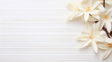 Flying vanilla sticks and orchid flowers on beige backgroundの素材