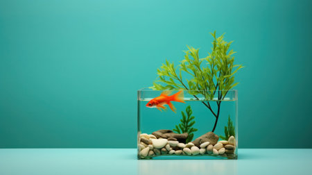 Fish tank aquarium with no water and fish on blue background. Fishbowl in studio.の素材