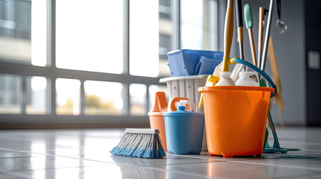 Bucket with different cleaning supplies on floor indoors.の素材