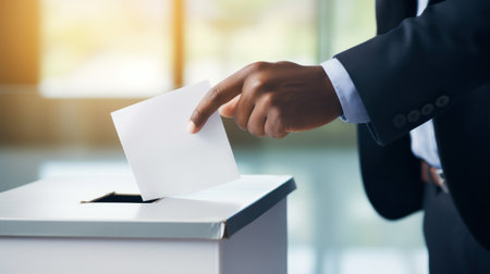 Afro American Voter Holds Envelope In Hand Above Vote Ballot. Freedom Democracy Concept.の素材