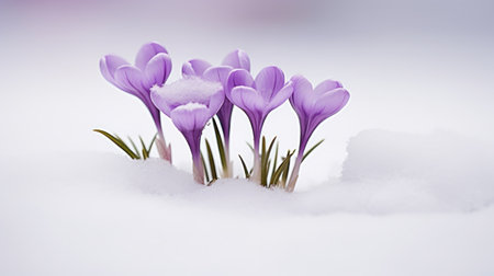 Spring snowdrops flowers violet crocuses ( Crocus heuffelianus ) in snow with space for textの素材