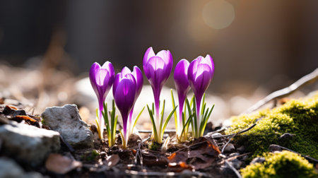 Spring snowdrops flowers violet crocuses ( Crocus heuffelianus ) in snow with space for textの素材