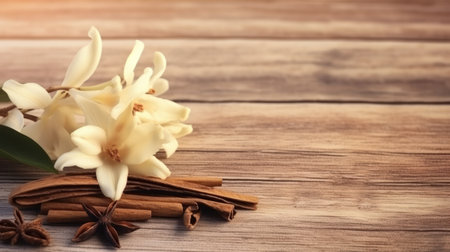 Flying vanilla sticks and orchid flowers on beige backgroundの素材