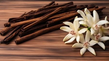 Flying vanilla sticks and orchid flowers on beige backgroundの素材