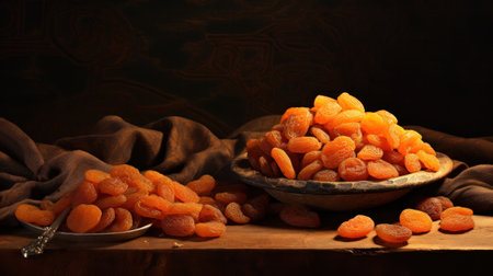 Full plate of dried apricots On wooden backgroundの素材