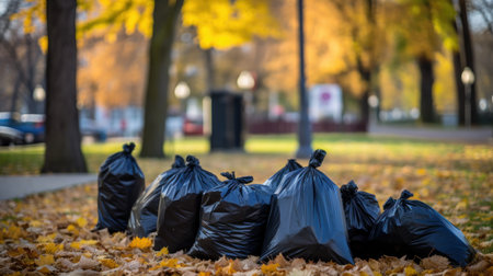 Black plastic bags full of autumn leaves. Large black plastic trash sacks with fallen dried leaves stand on the grass. Seasonal cleaning of city streets from fallen leaves. Cleaning service.の素材