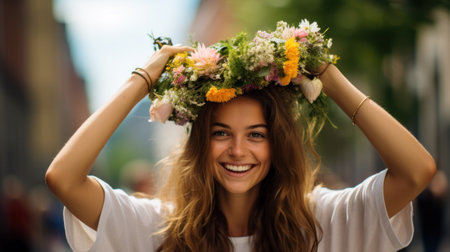 Beauty Fashion Portrait. Beautiful Woman with Curly Hair, Makeup and Flowers Wreathの素材