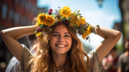 Beauty Fashion Portrait. Beautiful Woman with Curly Hair, Makeup and Flowers Wreathの素材