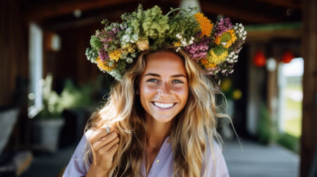 Beauty Fashion Portrait. Beautiful Woman with Curly Hair, Makeup and Flowers Wreathの素材
