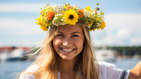 Beauty Fashion Portrait. Beautiful Woman with Curly Hair, Makeup and Flowers Wreathの素材