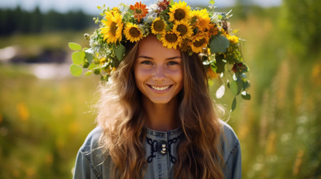 Beauty Fashion Portrait. Beautiful Woman with Curly Hair, Makeup and Flowers Wreathの素材