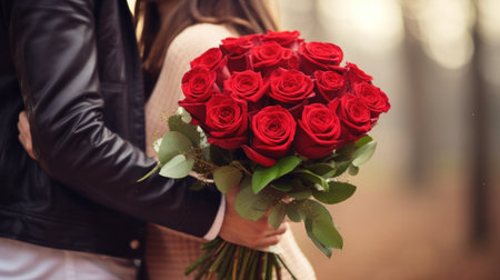 couple in love of man and woman kissing behind big red roses bouquet at home. happy valentines day. engagement dayの素材