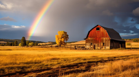 Beauty rainbow in storm cloud above autumn field landscape. Weather, nature backgroundの素材