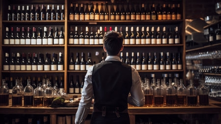 Wine Shop Owner against the backdrop of display cases with glass bottles of old and new wine from different countriesの素材