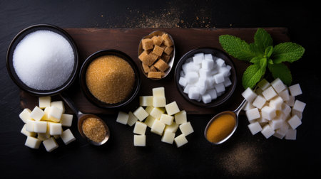 Various healthy diet replacement for sugar, natural organic sweetener concept, anti diabetes non-glycemic, sweetener. Various fruit sugar, molasses, stevia, dates, coconut date sugar, maple syrupの素材