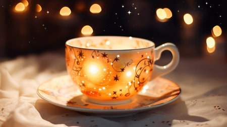 Handmade ceramic cup with bright light inside, astrology flat lay with scrolls and stars.の素材