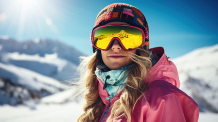 Portrait of woman in alps. Ski vacation in skier uniform, helmet and gogglesの素材